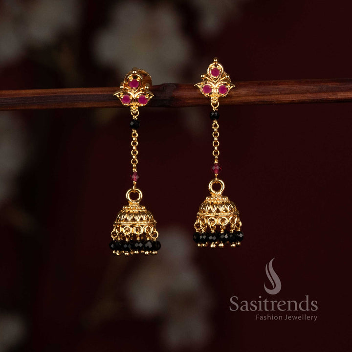 Micro Gold Plated AD Stone Jhumka Earrings with Decorative Bead Hangings - Sasitrends