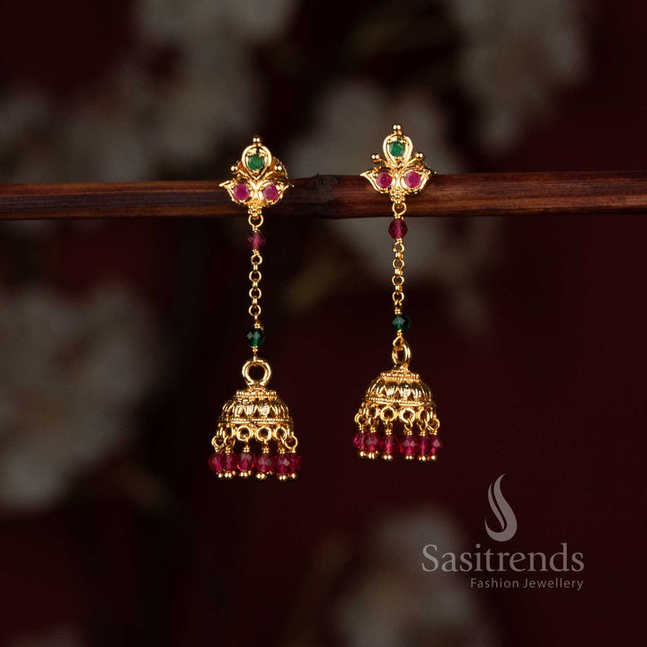 Micro Gold Plated AD Stone Jhumka Earrings with Decorative Bead Hangings - Sasitrends