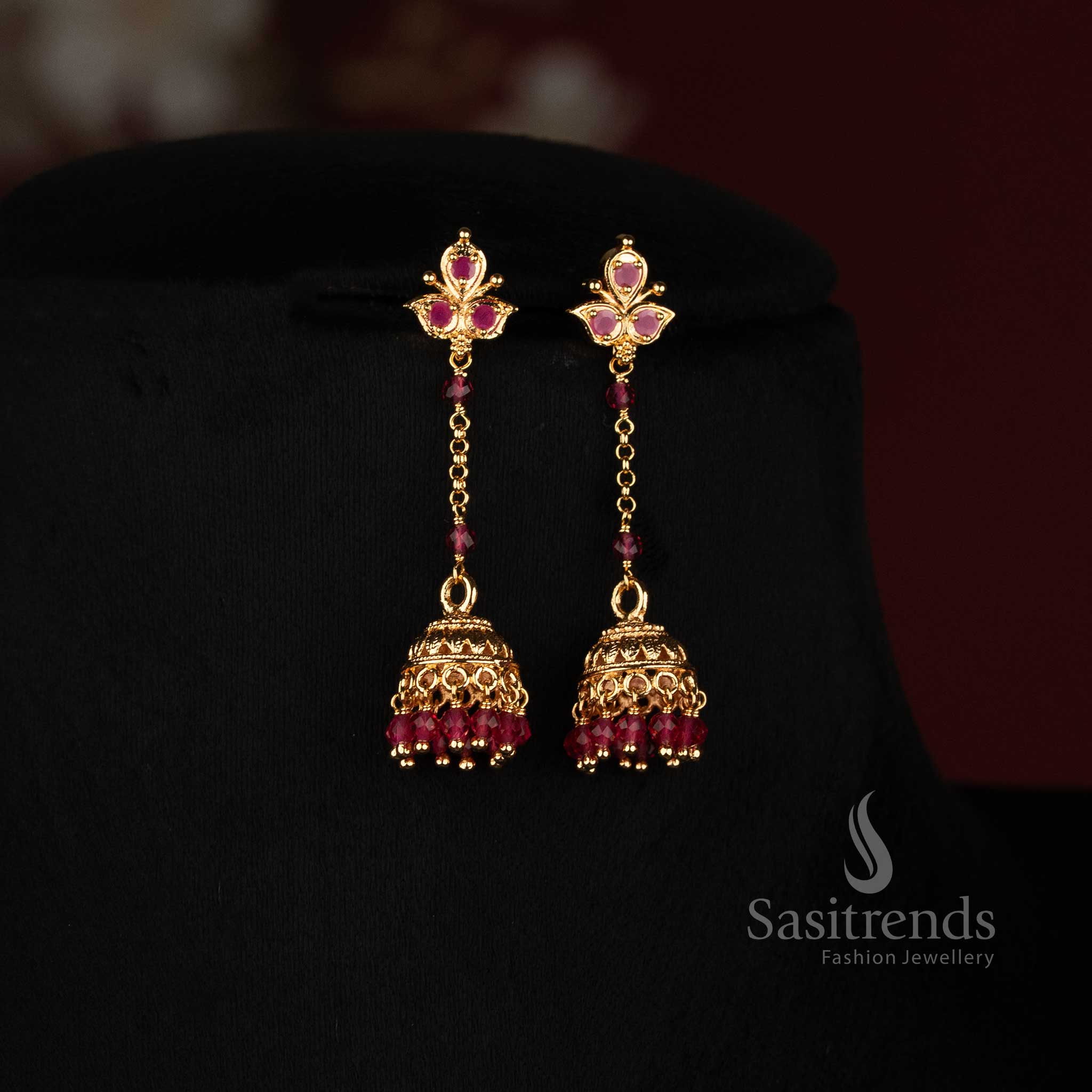 Micro Gold Plated AD Stone Jhumka Earrings with Decorative Bead Hangings - Sasitrends