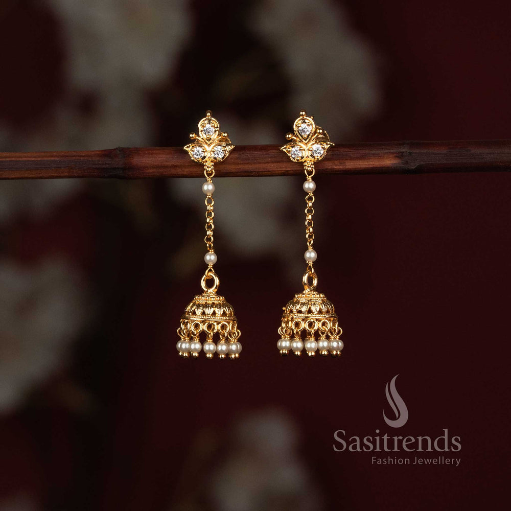Micro Gold Plated AD Stone Jhumka Earrings with Decorative Bead Hangings - Sasitrends