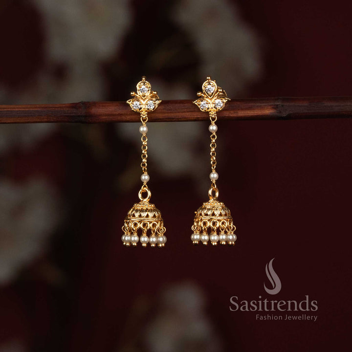 Micro Gold Plated AD Stone Jhumka Earrings with Decorative Bead Hangings - Sasitrends