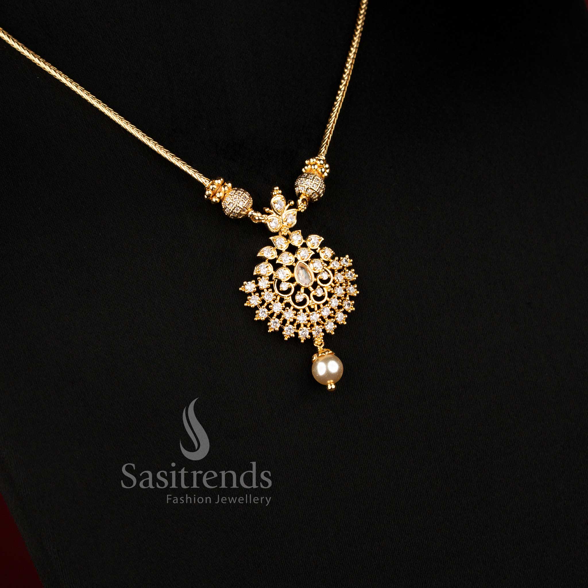 Stunning matching floral pendant and pearl drop earrings set with brilliant stone appearance - Sasitrends