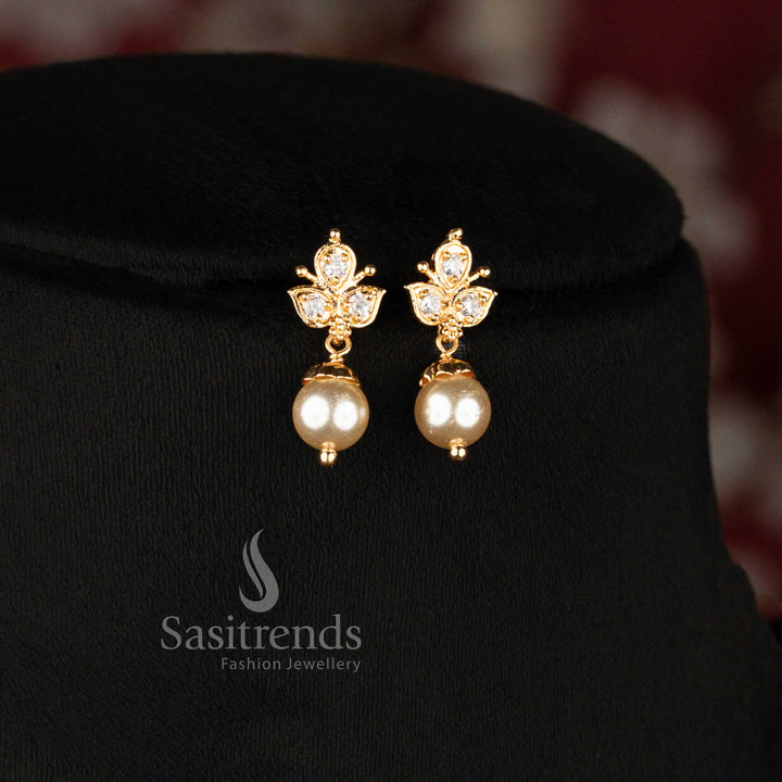 Micro gold plated bridal necklace set with sparkling accent stones and dangling pearl - Sasitrends