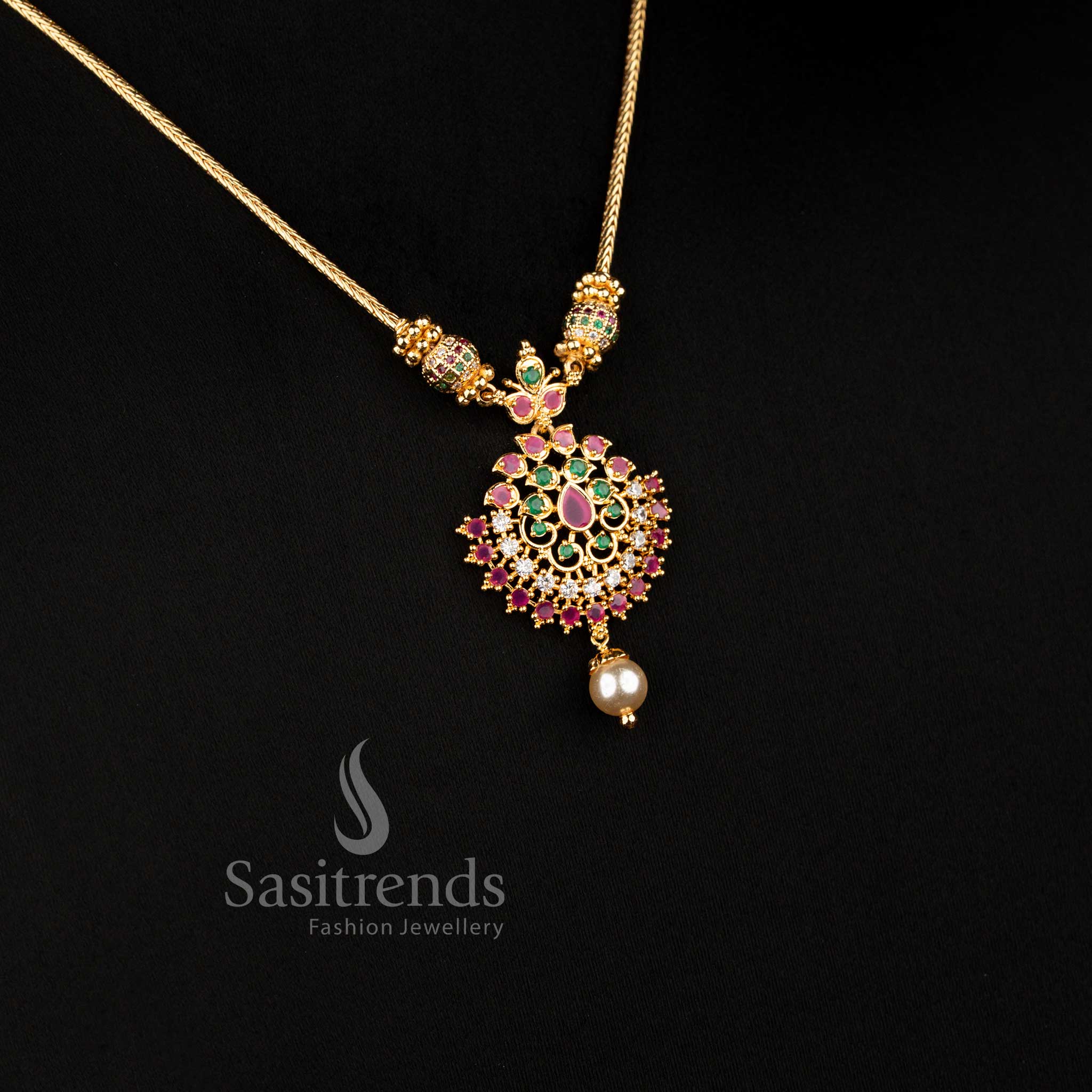 Stunning matching floral pendant and pearl drop earrings set with brilliant stone appearance - Sasitrends