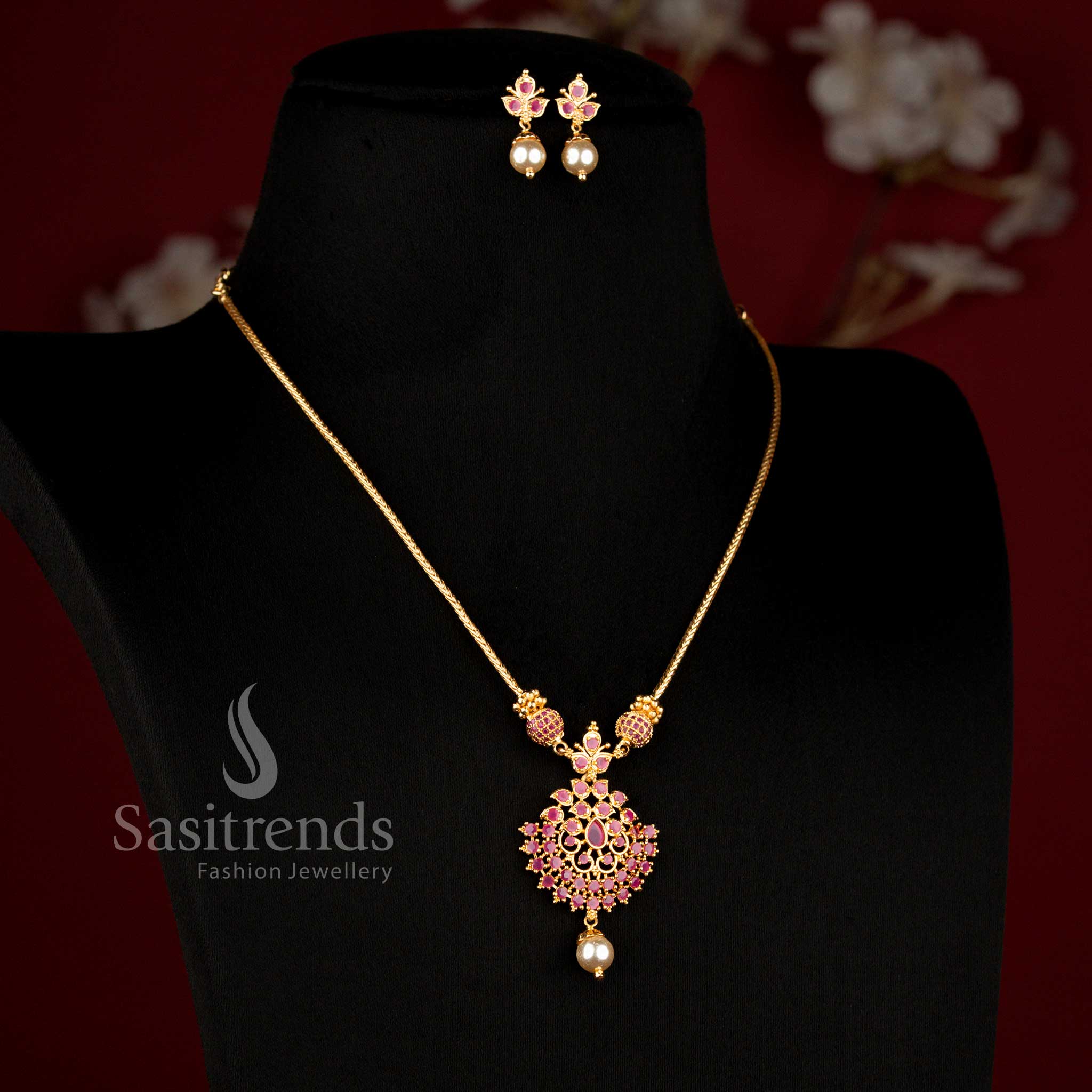 Stunning matching floral pendant and pearl drop earrings set with brilliant stone appearance - Sasitrends