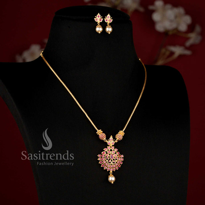 Stunning matching floral pendant and pearl drop earrings set with brilliant stone appearance - Sasitrends