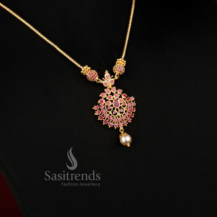Micro gold plated bridal necklace set with sparkling accent stones and dangling pearl - Sasitrends
