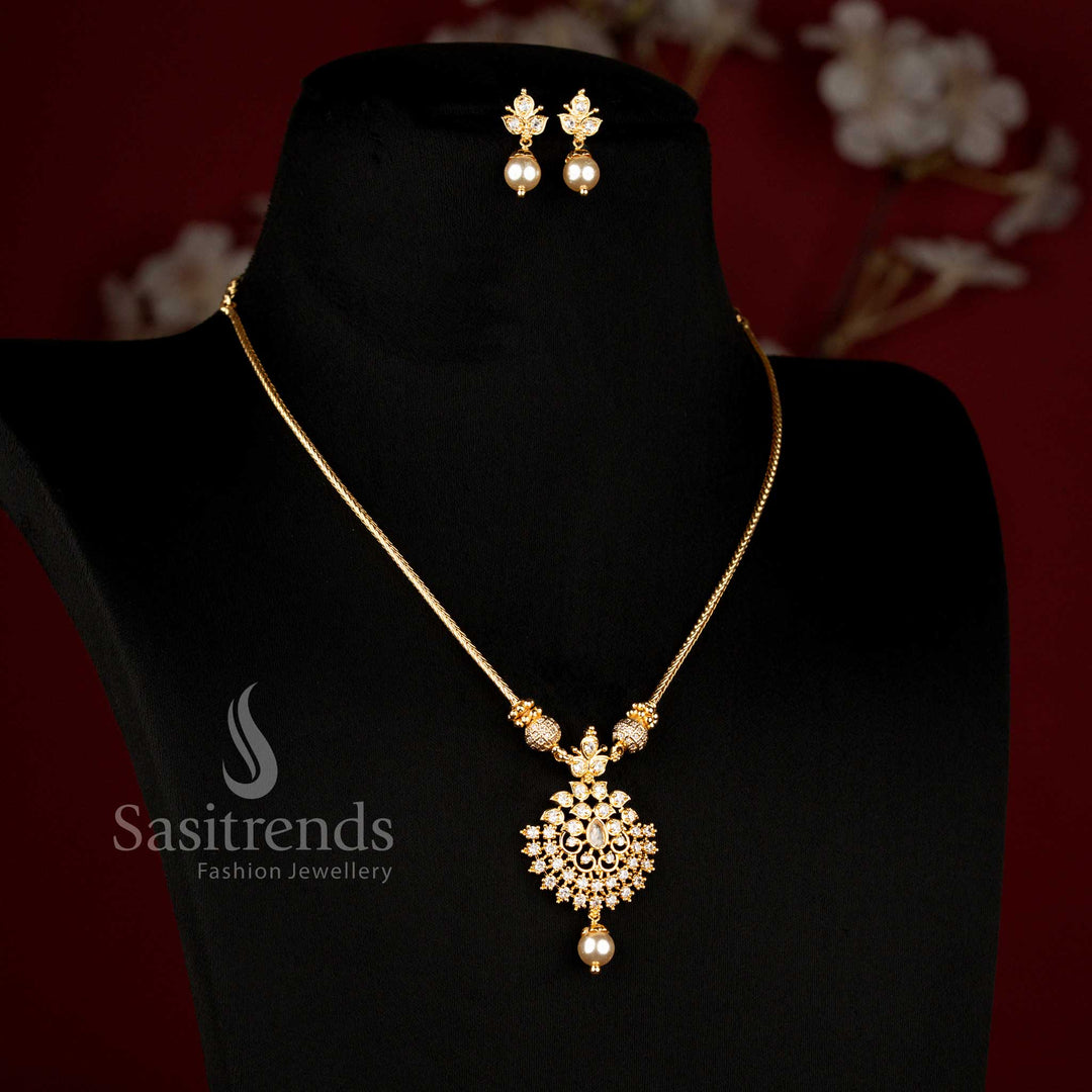 Stunning matching floral pendant and pearl drop earrings set with brilliant stone appearance - Sasitrends
