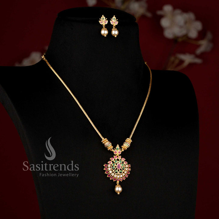 Stunning matching floral pendant and pearl drop earrings set with brilliant stone appearance - Sasitrends