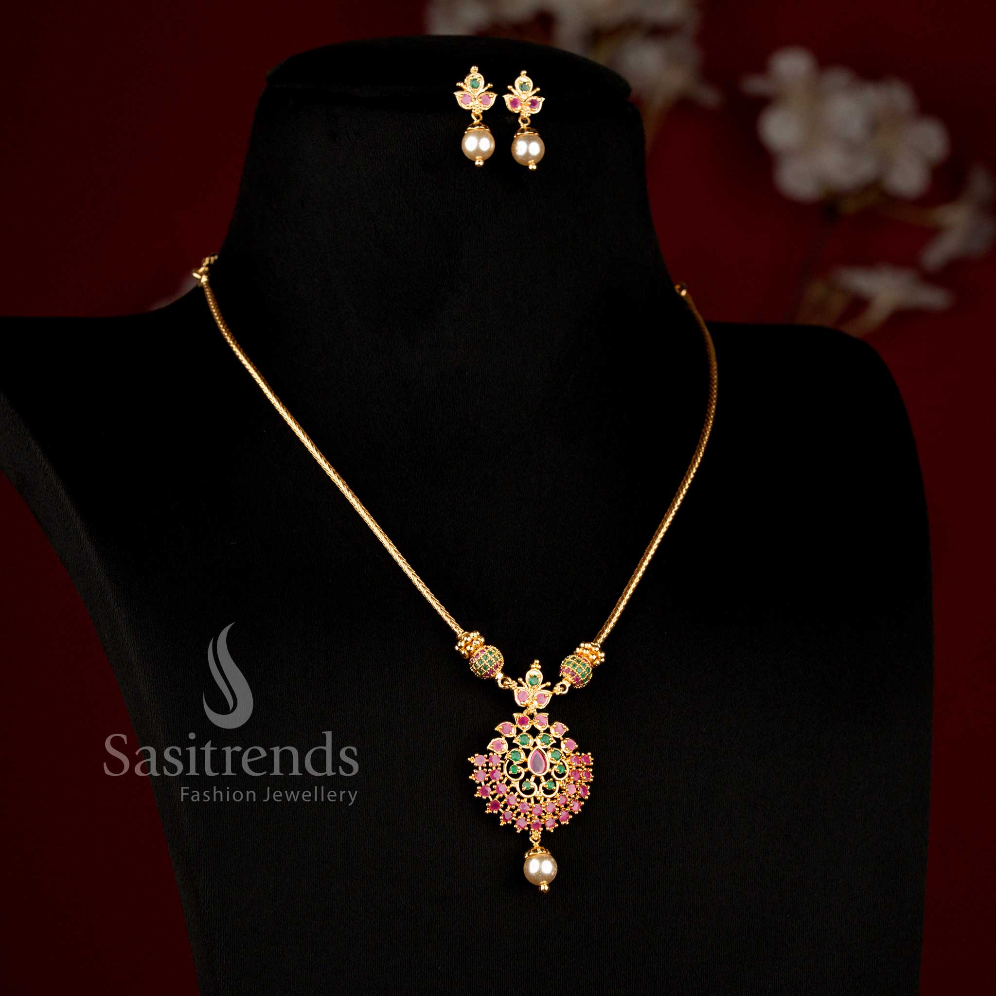 Stunning matching floral pendant and pearl drop earrings set with brilliant stone appearance - Sasitrends