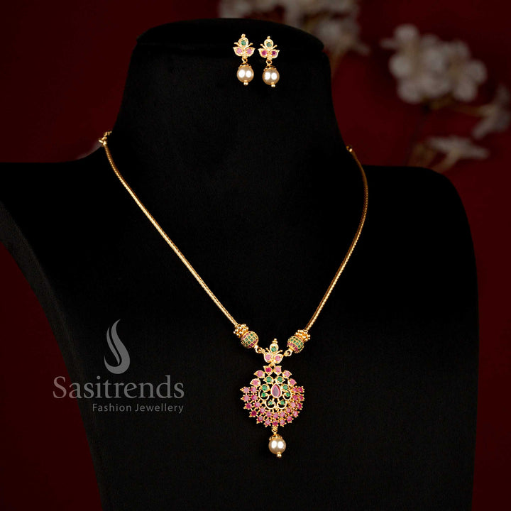 Stunning matching floral pendant and pearl drop earrings set with brilliant stone appearance - Sasitrends