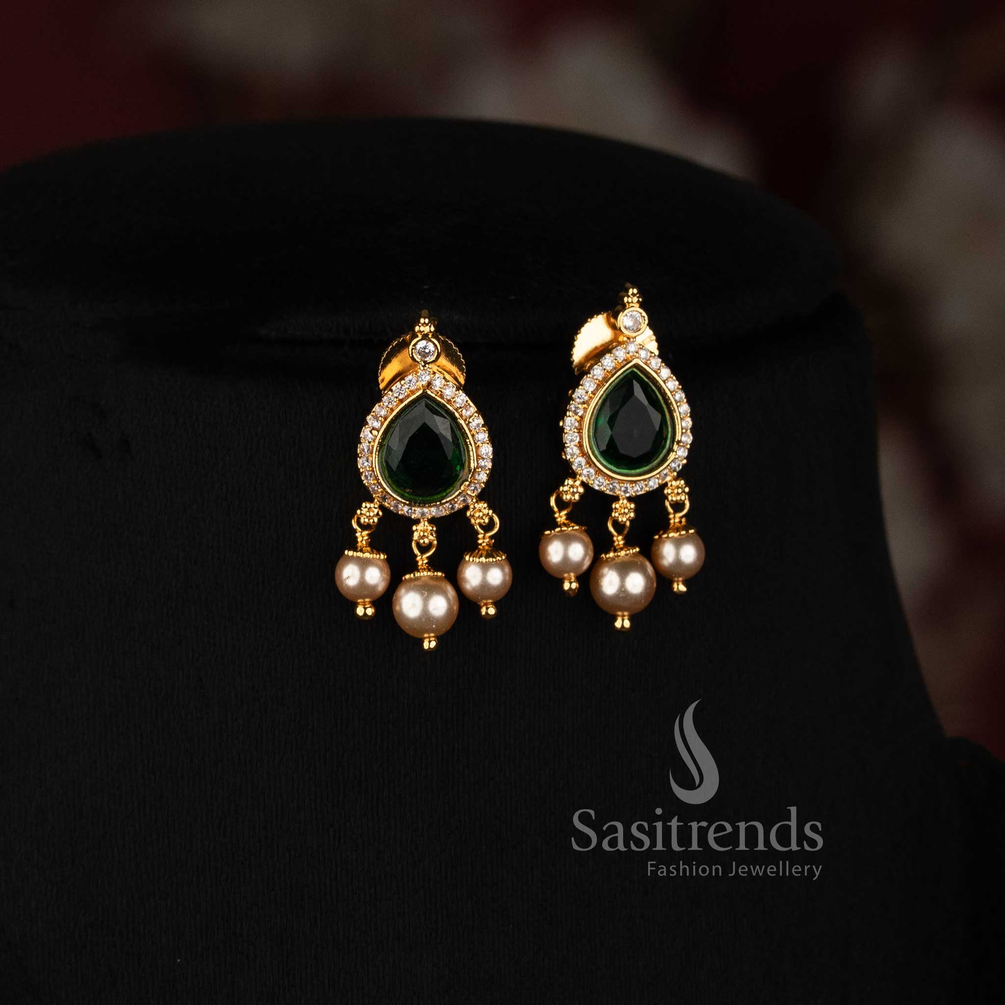 Traditional Micro Gold Plated Teardrop Pendant Necklace with Textured Gold Beads and Pearl Hanging Earrings - Sasitrends