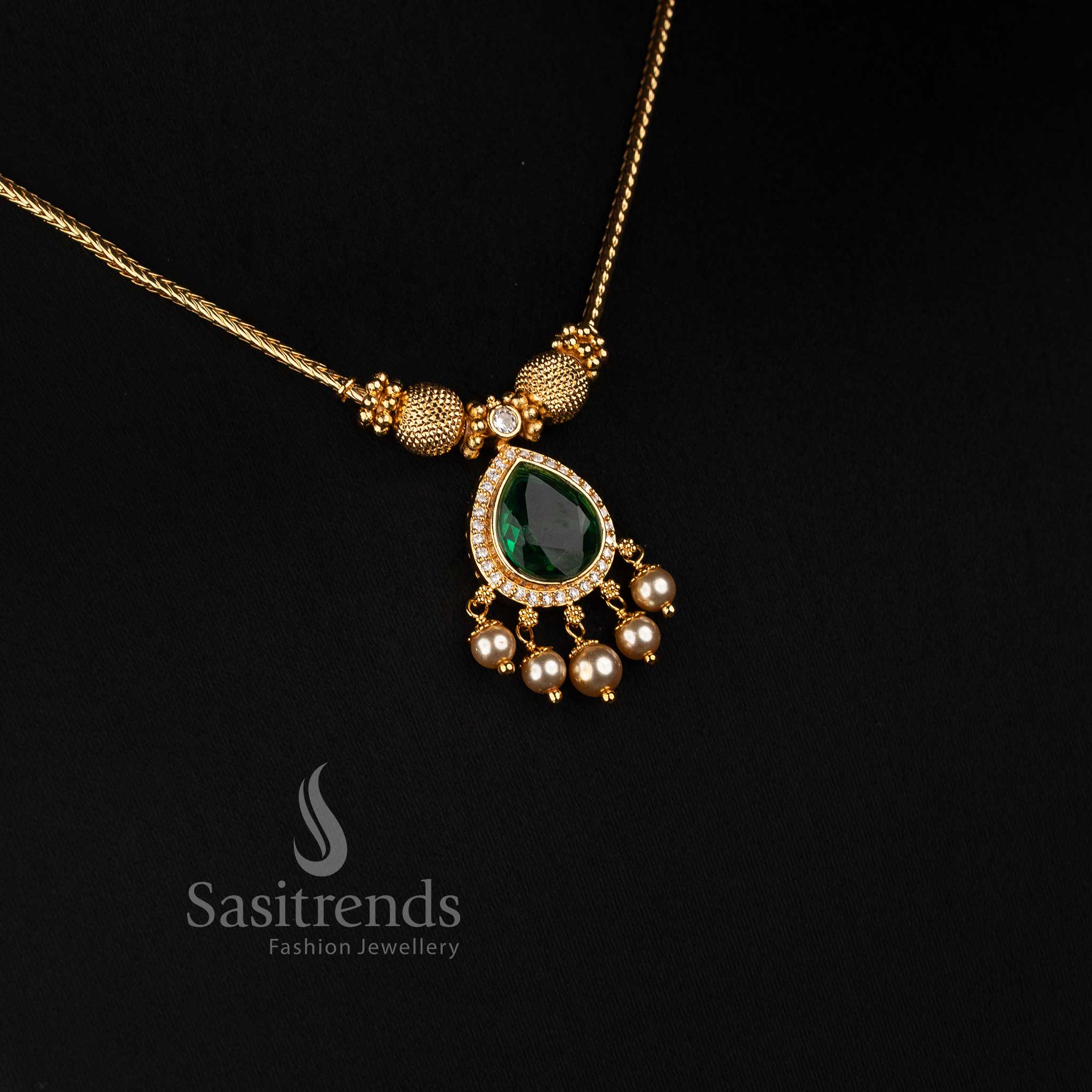 Traditional Micro Gold Plated Teardrop Pendant Necklace with Textured Gold Beads and Pearl Hanging Earrings - Sasitrends