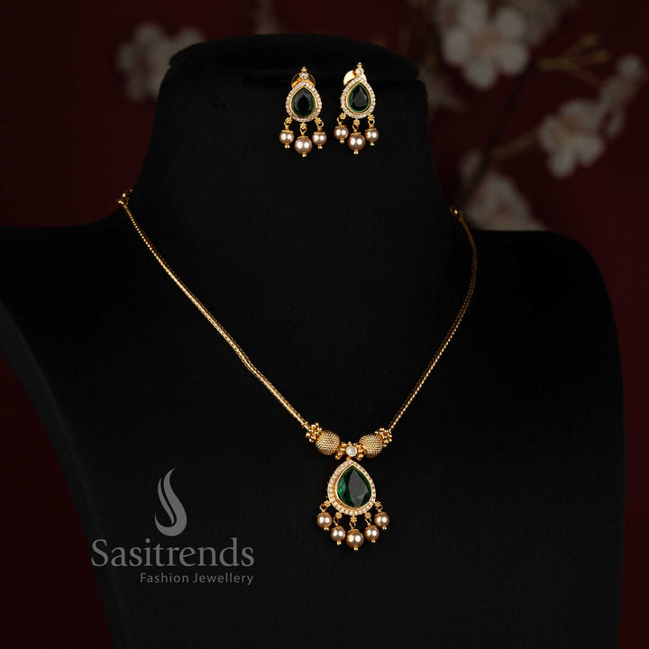 One Gram Micro Gold Plated Teardrop Pendant Necklace with AD Stone Halo, Textured Bead Accents and Matching Pearl Drop Earrings - Sasitrends