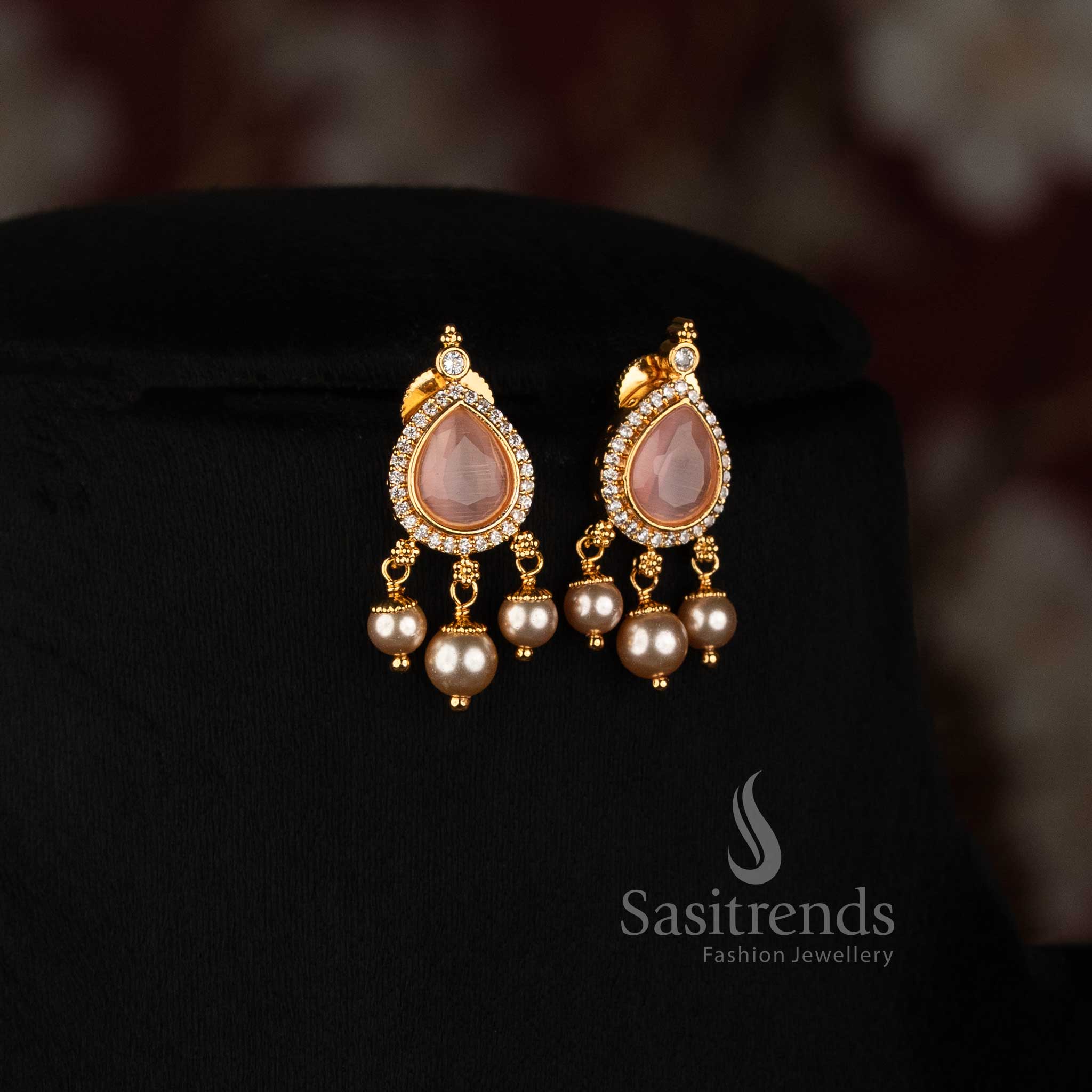 Micro Gold Plated Teardrop Pendant Necklace with AD Stone Halo, Textured Bead Accents and Matching Pearl Drop Earrings - Sasitrends