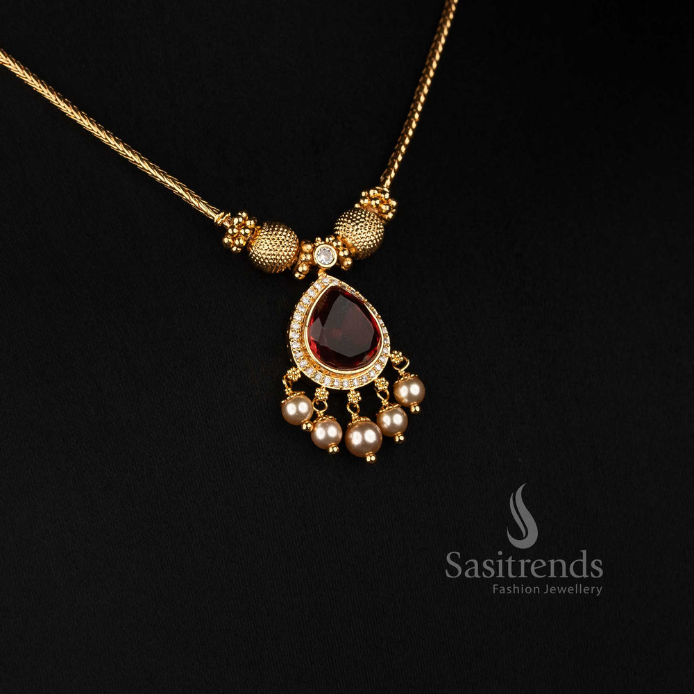 One Gram Micro Gold Plated Teardrop Necklace with Pearl Drop Earrings for Traditional and Ethnic Occasions - Sasitrends