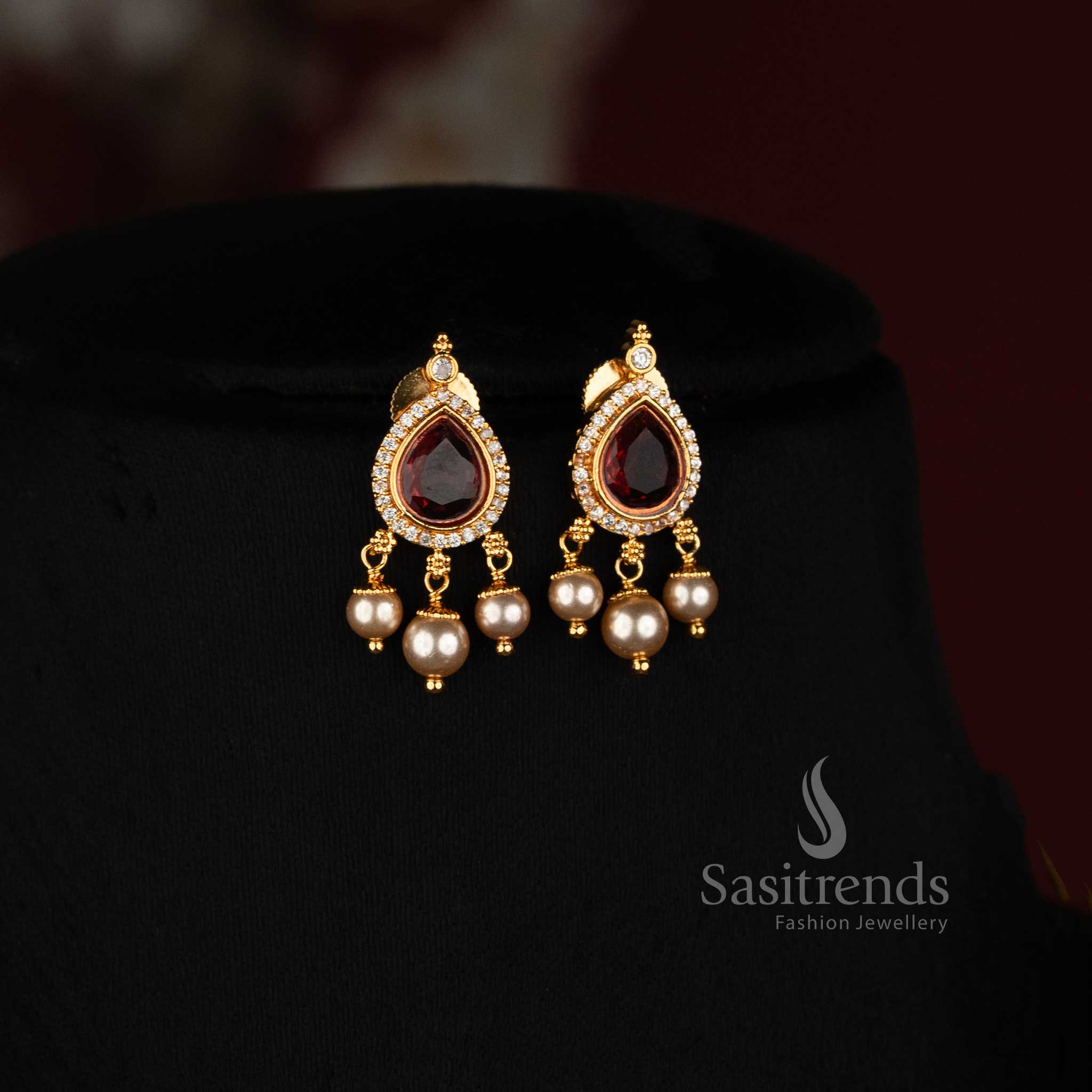 Traditional One Gram Micro Gold Plated Teardrop Pendant Necklace with American Diamond Halo and Matching Earrings - Sasitrends