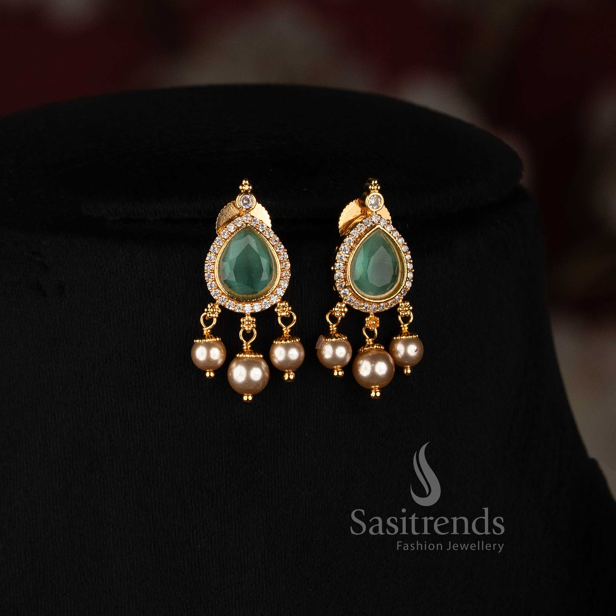 Micro Gold Plated Teardrop Pendant Necklace with Textured Gold Beads and Pearl Hanging Earrings - Sasitrends