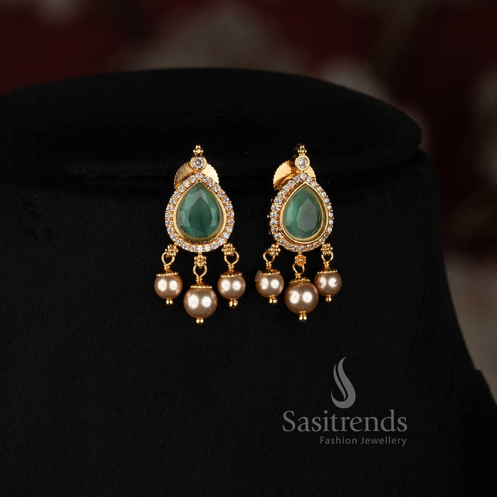 Micro Gold Plated Teardrop Pendant Necklace with Textured Gold Beads and Pearl Hanging Earrings - Sasitrends