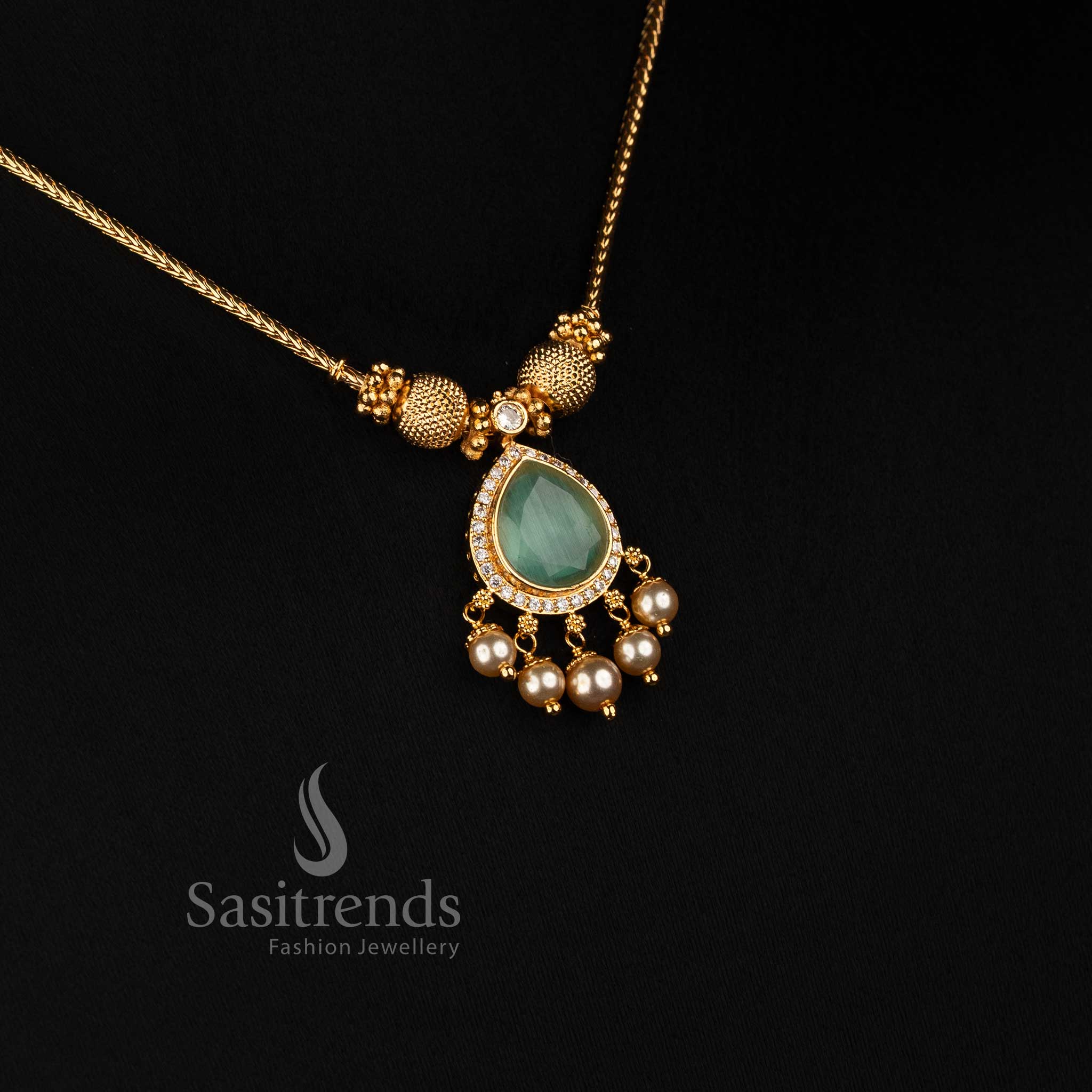 Micro Gold Plated Teardrop Pendant Necklace with Textured Gold Beads and Pearl Hanging Earrings - Sasitrends