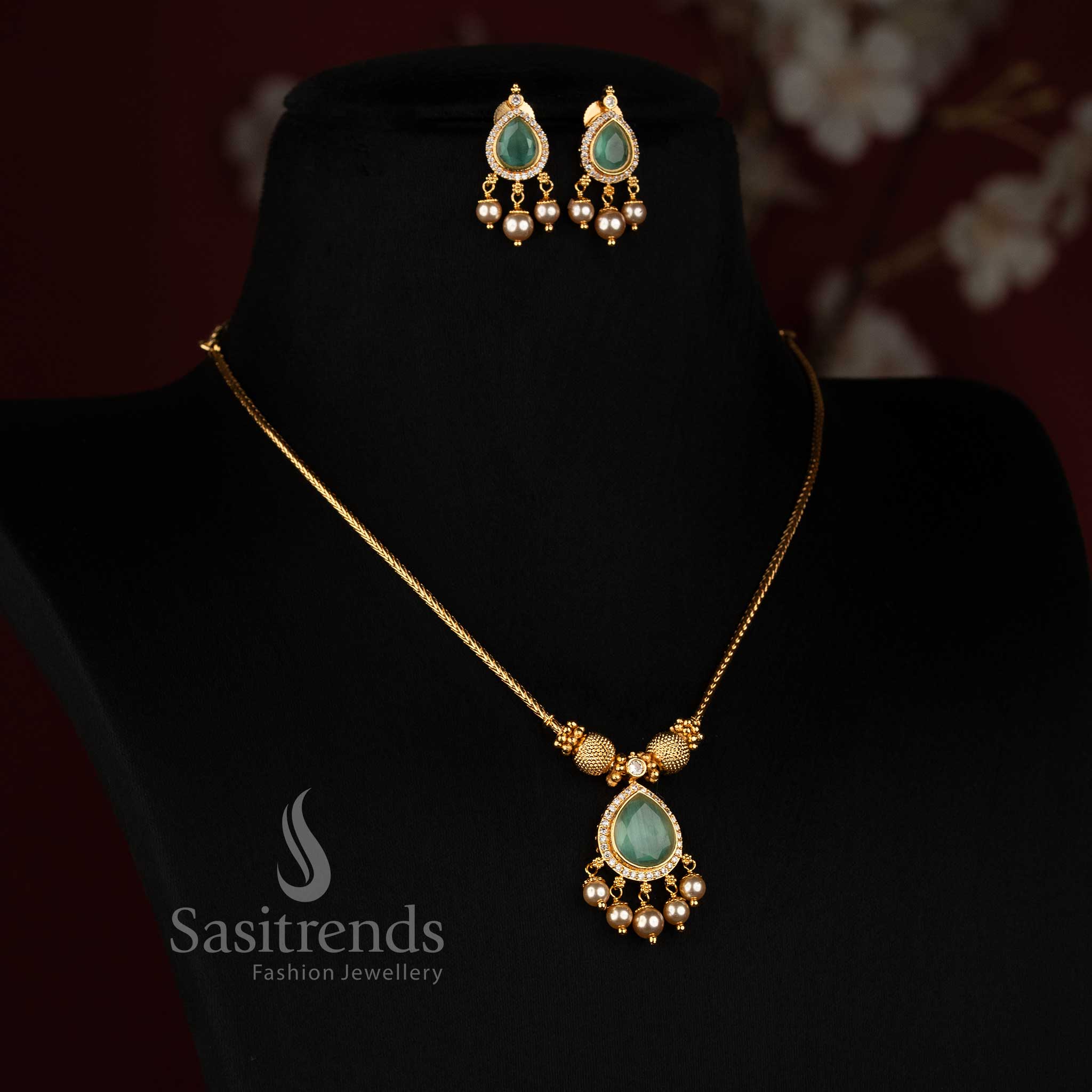 Micro Gold Plated Teardrop Pendant Necklace with Textured Gold Beads and Pearl Hanging Earrings - Sasitrends