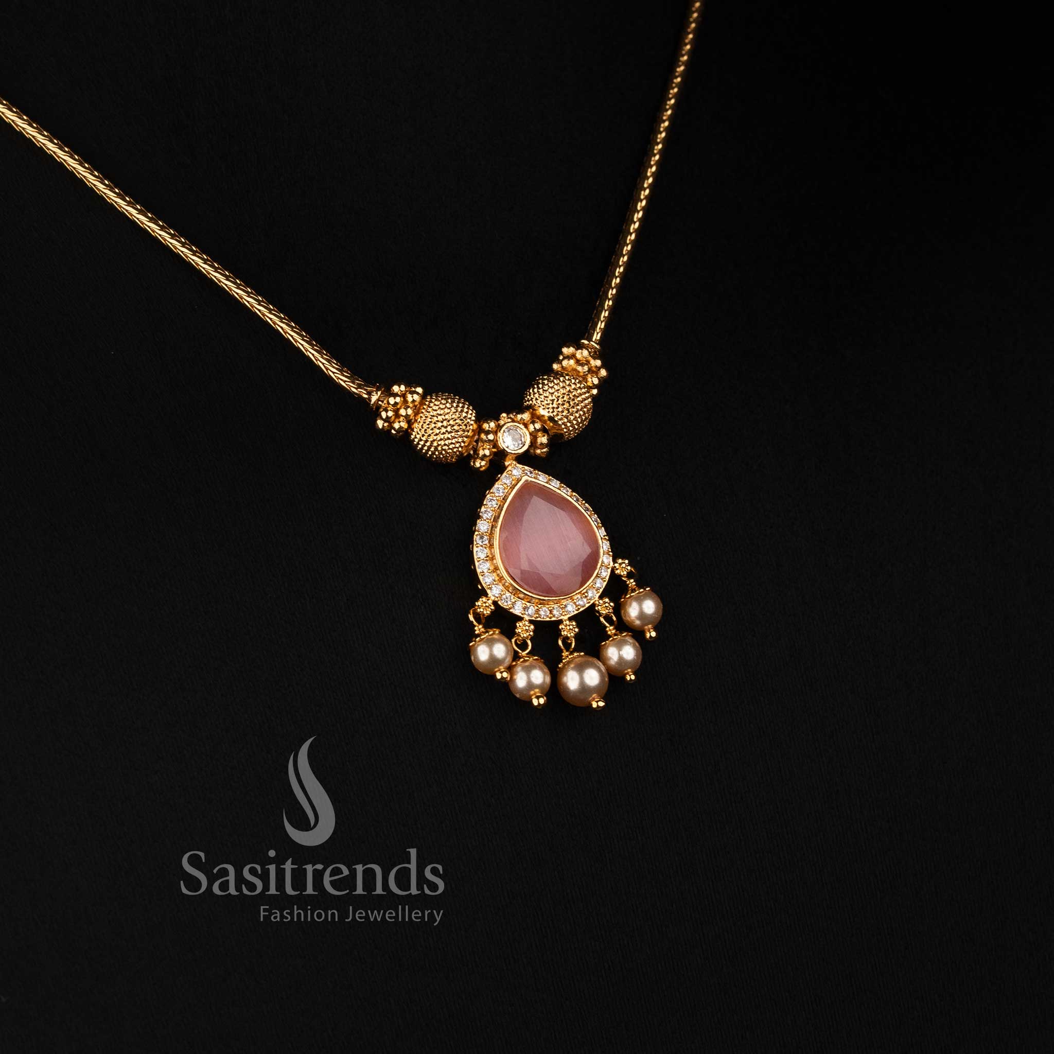 Elegant One Gram Micro Gold Plated Teardrop AD Pendant Necklace Set with Matching Pearl Drop Earrings - Sasitrends