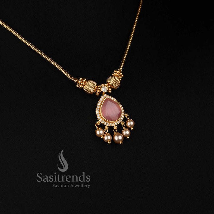 Elegant One Gram Micro Gold Plated Teardrop AD Pendant Necklace Set with Matching Pearl Drop Earrings - Sasitrends