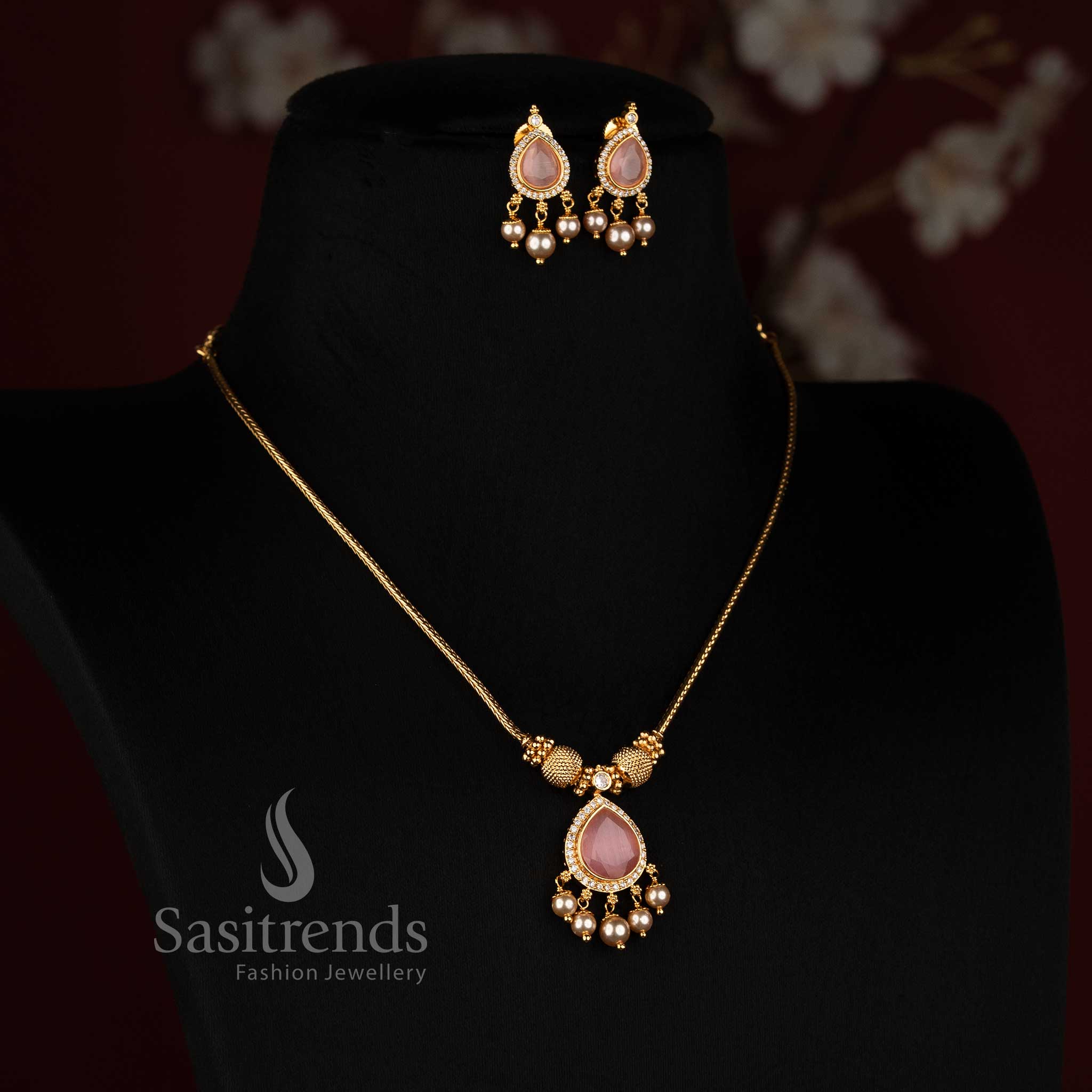 Elegant Micro Gold Plated Teardrop AD Pendant Necklace Set with Matching Pearl Drop Earrings - Sasitrends