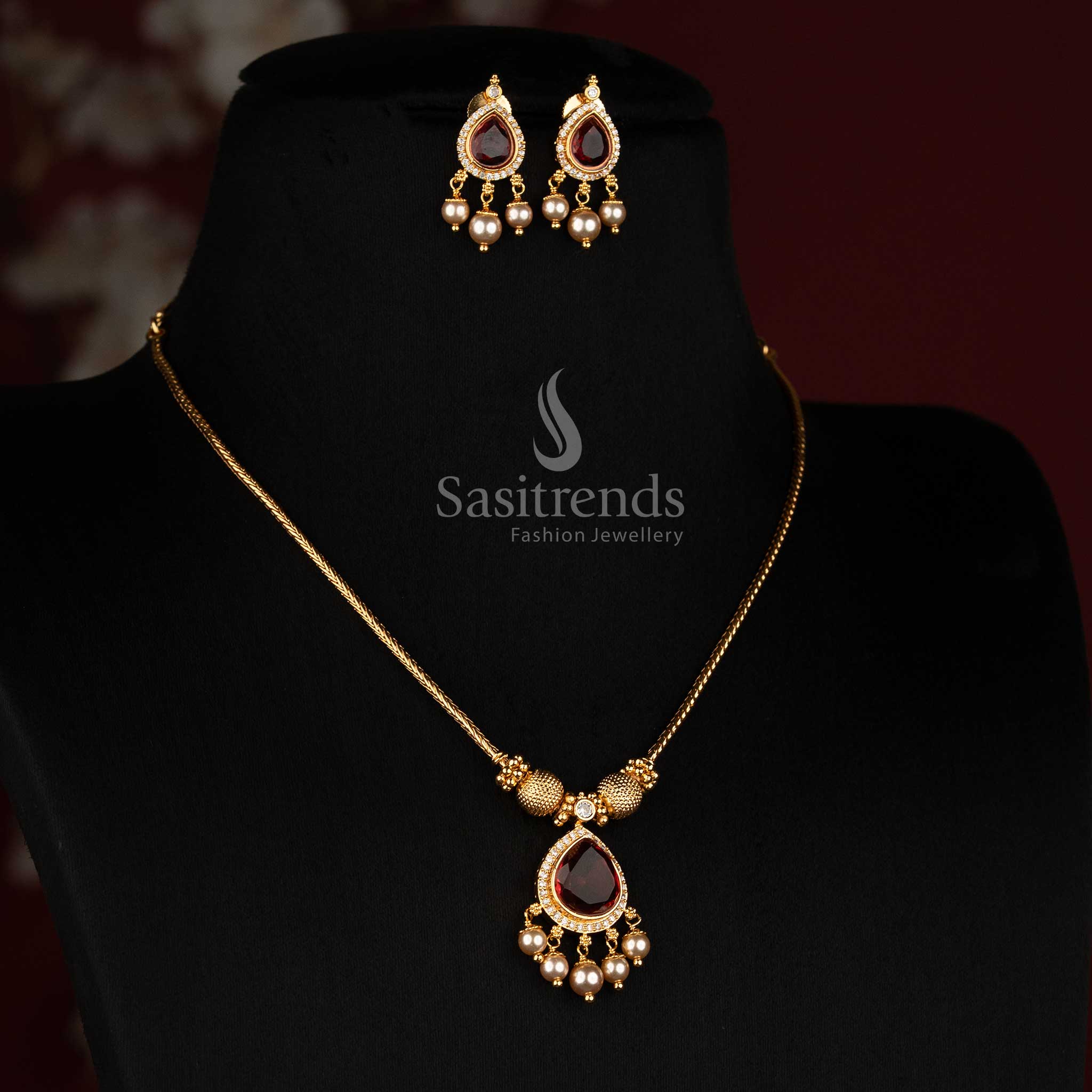 One Gram Micro Gold Plated Teardrop Necklace with Pearl Drop Earrings for Traditional and Ethnic Occasions - Sasitrends