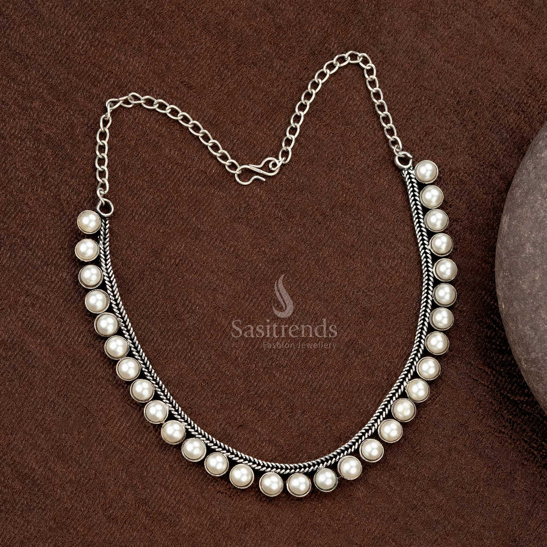 Elegant oxidised pearl choker necklace with intricate detailing - Sasitrends
