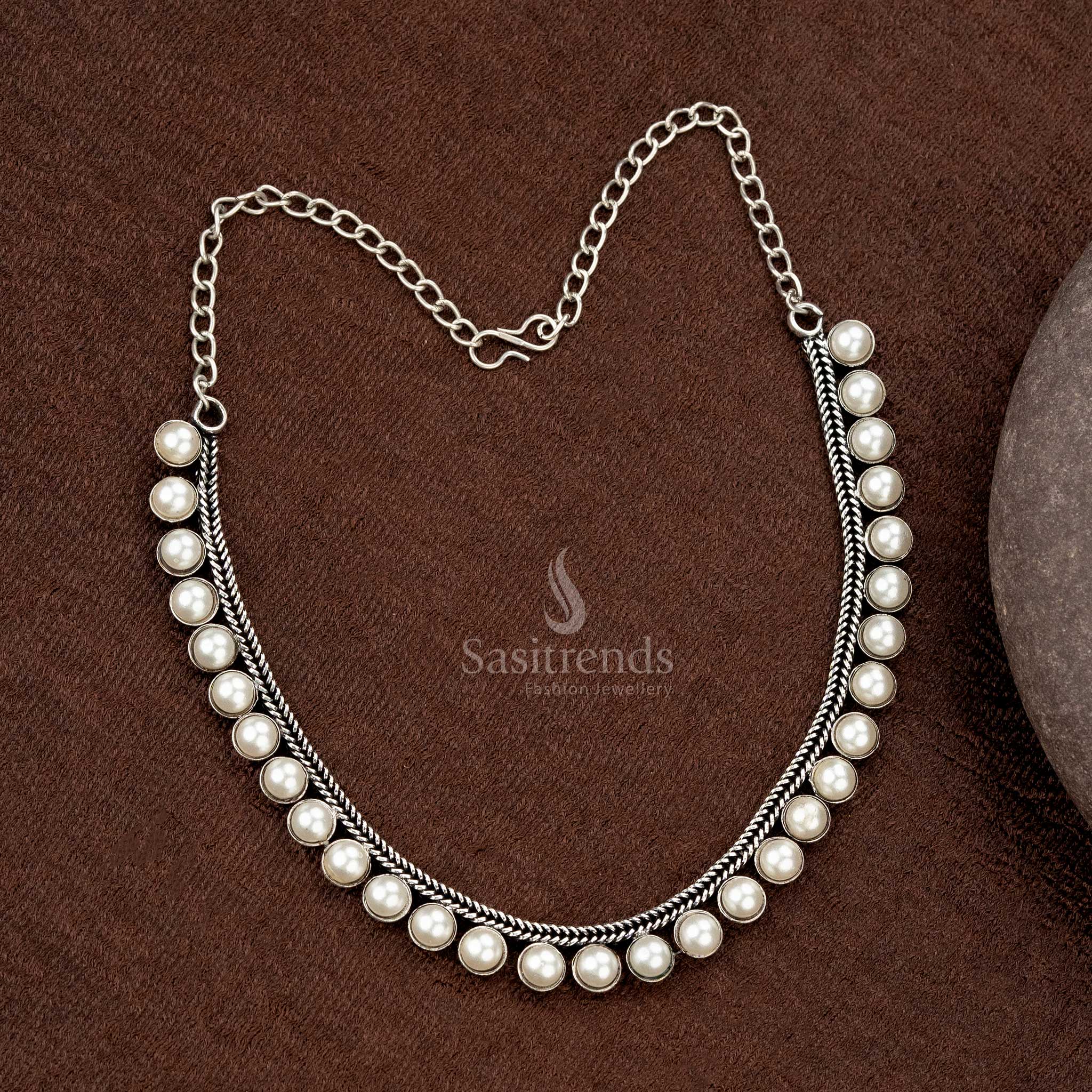 Elegant oxidised pearl choker necklace with intricate detailing - Sasitrends