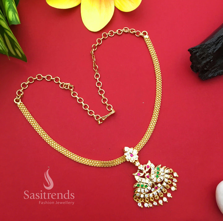 Vibrant Multicolour Impon Peacock Chain Necklace with Stunning Stone Hangings – Designer Pendant Jewellery Set for Ethnic Glamour by Sasitrends