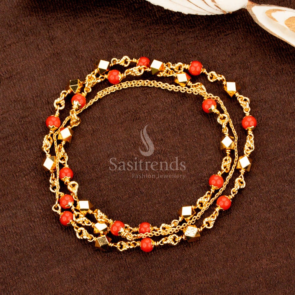 Charming ethnic micro gold plated pearl mala chain with striking red balls, a bridal-inspired jewellery piece perfect for wedding ceremonies and religious poojas – exclusive from Sasitrends