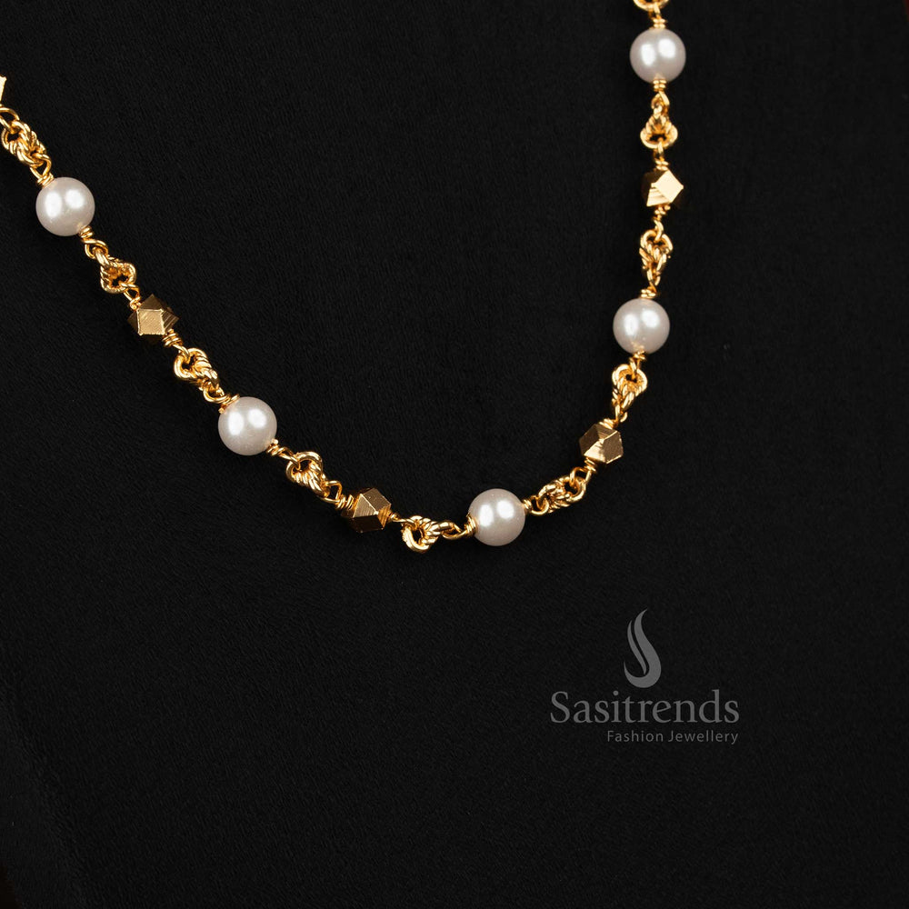 Traditional Micro Gold Plated Pearl Mala Chain showcasing diamond patterns - Sasitrends