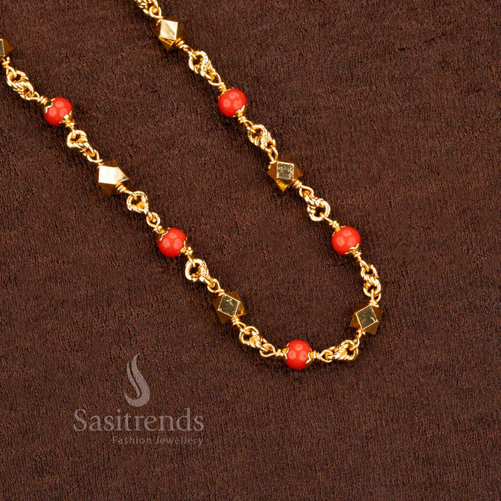 Vintage-inspired one gram gold plated pearl mala chain with red colour ball beads and a rich South Indian traditional touch, exuding elegance for cultural celebrations – Sasitrends exclusive jewellery