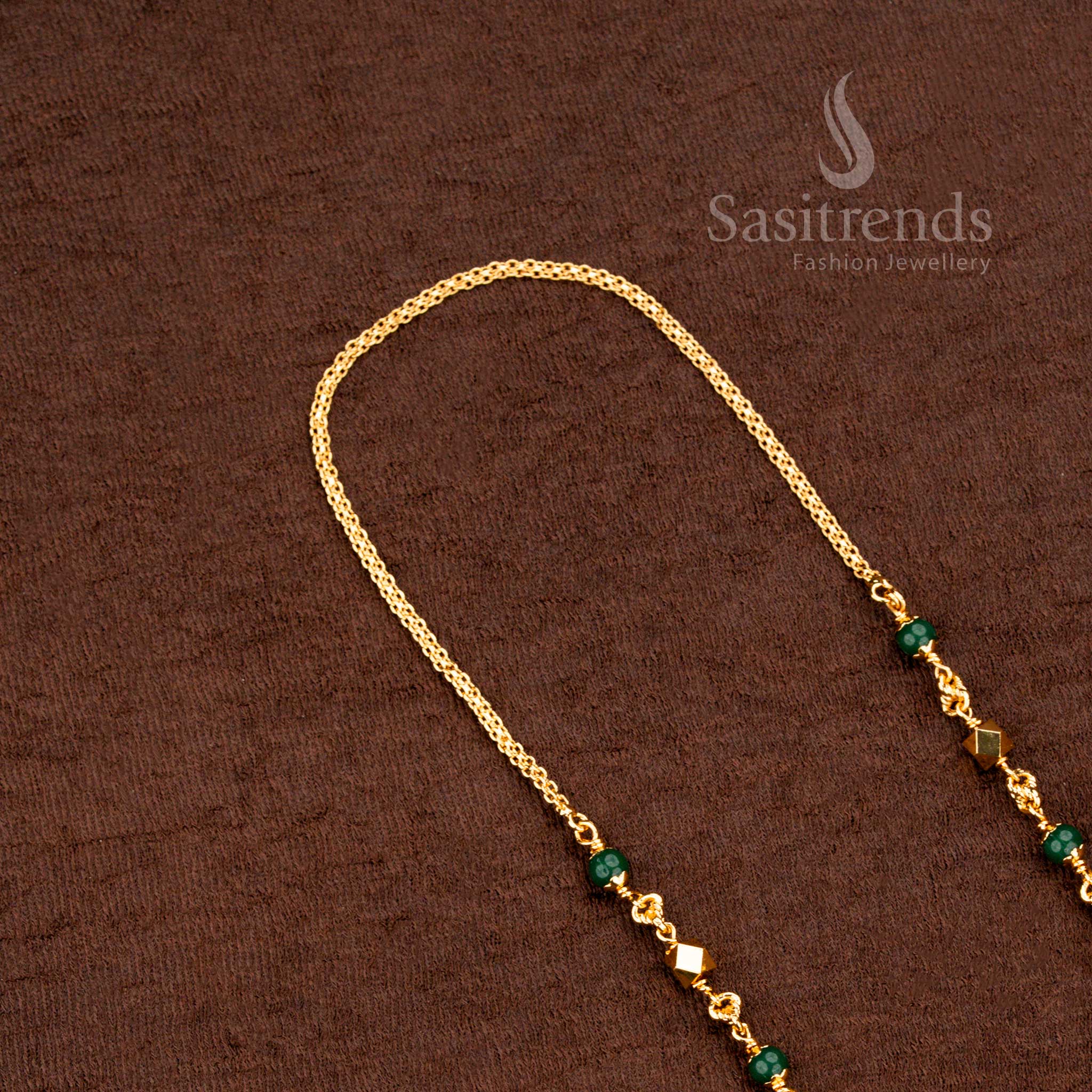 Traditional Indian micro gold plated pearl mala chain with rich green colour balls and a heritage finish, a captivating jewellery piece for pujas, weddings, and temple visits – from Sasitrends