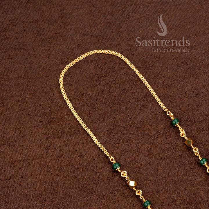Traditional Indian micro gold plated pearl mala chain with rich green colour balls and a heritage finish, a captivating jewellery piece for pujas, weddings, and temple visits – from Sasitrends