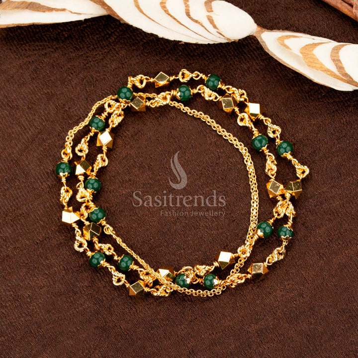 Graceful one gram micro gold plated pearl mala chain with green colour balls designed in a classic traditional style, perfect for ethnic wear and festive celebrations – Sasitrends exclusive jewellery