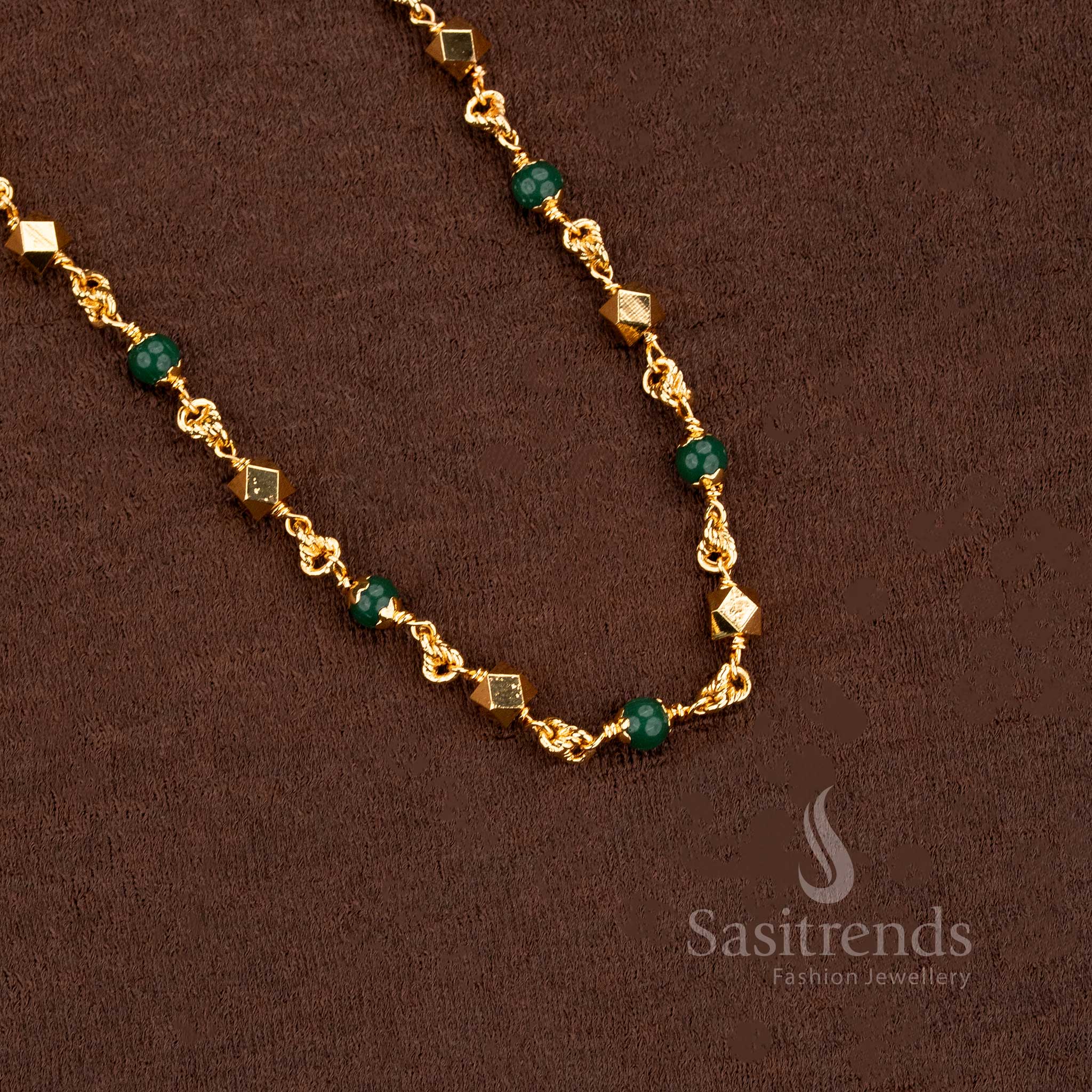 Regal-look one gram gold plated pearl mala featuring green ball beads with vintage charm, an ideal ethnic women’s jewellery piece for timeless elegance – crafted by Sasitrends