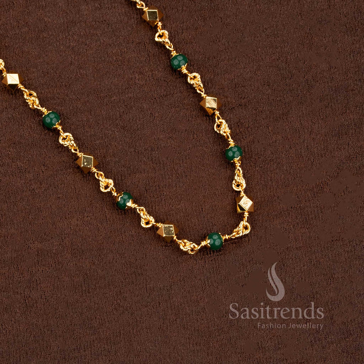 Regal-look one gram gold plated pearl mala featuring green ball beads with vintage charm, an ideal ethnic women’s jewellery piece for timeless elegance – crafted by Sasitrends