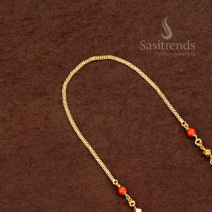 Traditional one gram micro gold plated pearl mala chain adorned with red colour balls, a graceful festive-style jewellery piece ideal for traditional sarees and ethnic functions – from Sasitrends