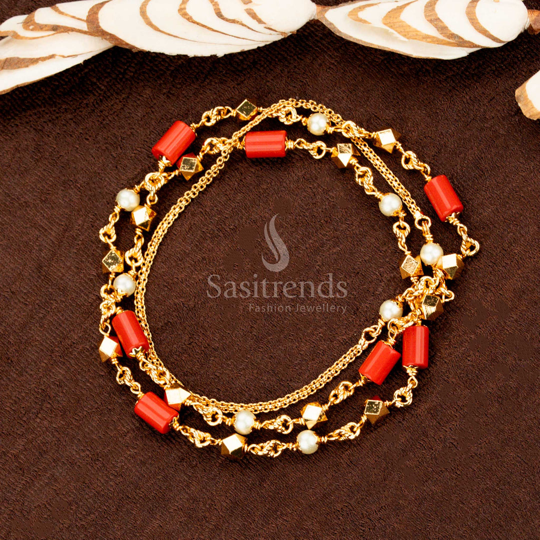 Traditional micro gold plated Mangalorean chain necklace adorned with white pearls and red beads, a festive cultural jewellery design – Sasitrends