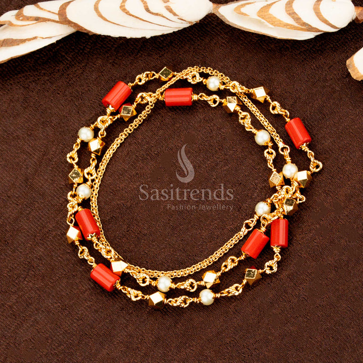 Elegant Micro Gold Plated Traditional Mangalorean Chain with Pearl and Bead Embellishments - Sasitrends