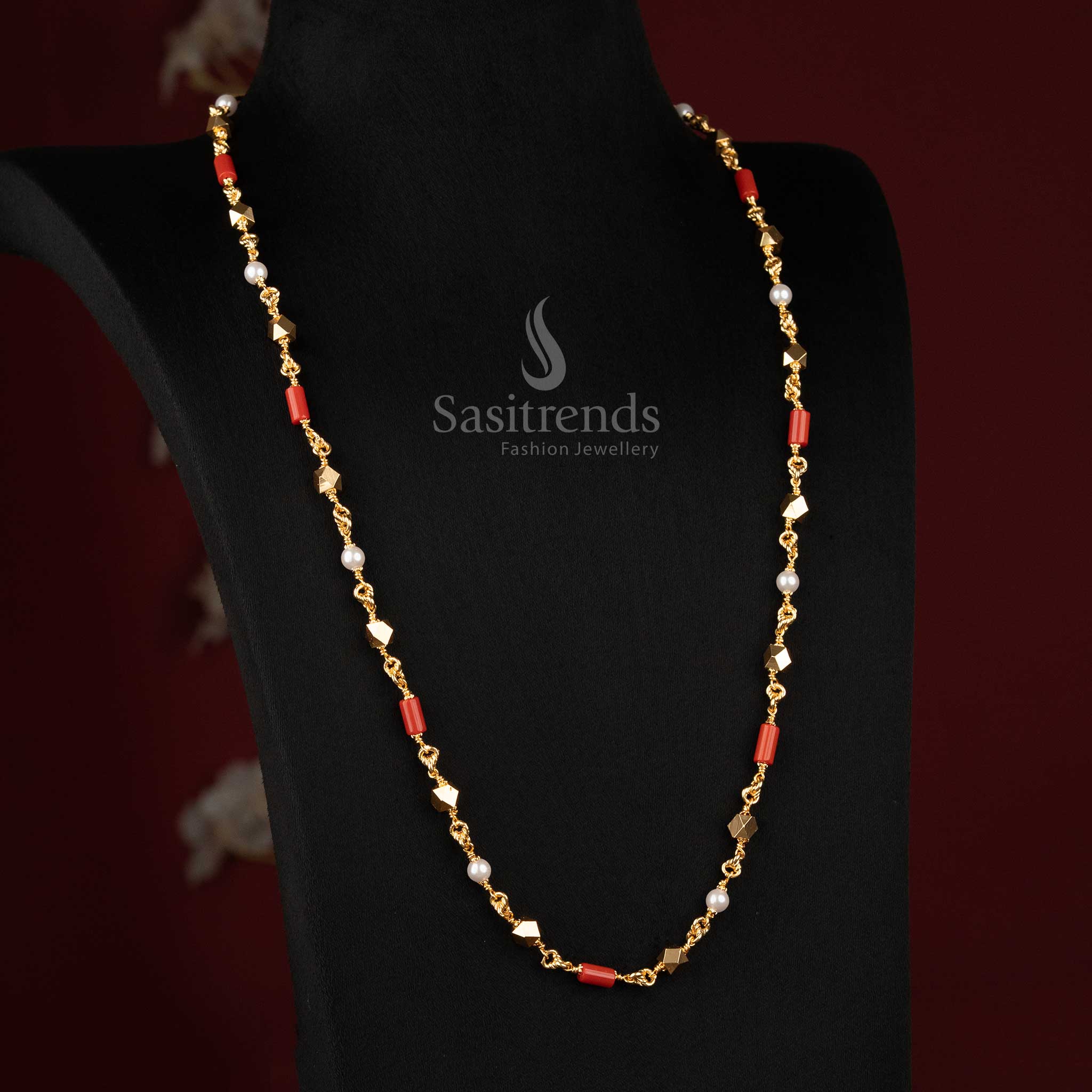 Traditional micro gold plated Mangalorean chain necklace adorned with white pearls and red beads, a festive cultural jewellery design – Sasitrends