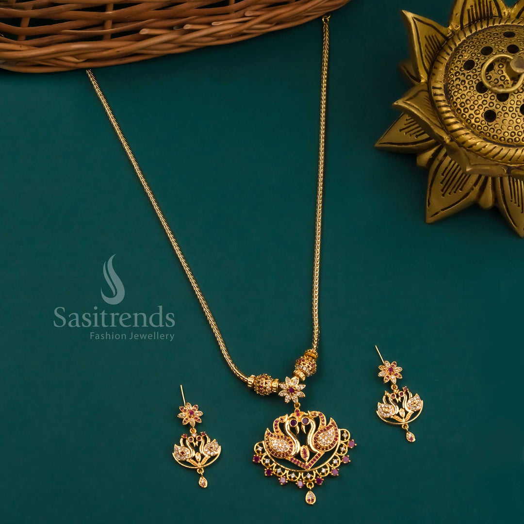 Micro Gold Plated Swan Pendant AD Necklace with Ruby Stones - Latest Traditional Jewelry for Women - Sasitrends