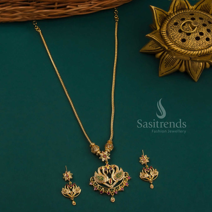 Micro Gold Plated Swan Pendant Necklace Set with Earrings - American Diamond Stones - Sasitrends