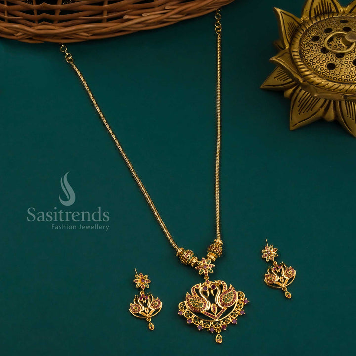 Micro Gold Plated Swan Pendant Necklace Set with Earrings - American Diamond Stones - Sasitrends