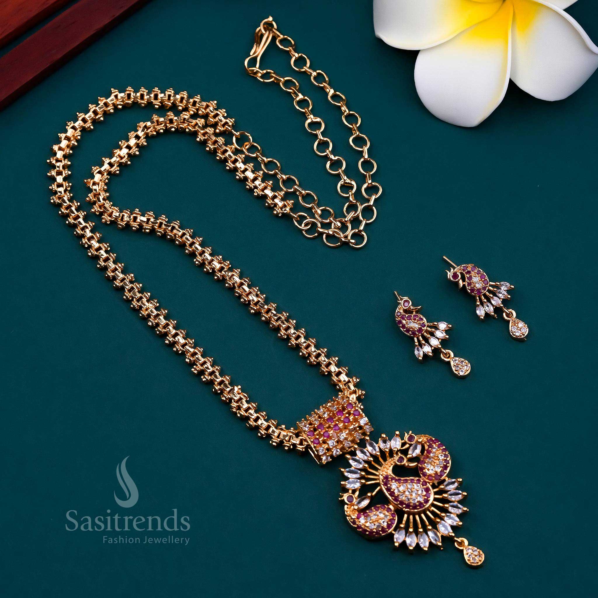 Classic white-ruby peacock Gajiri jewellery set in a graceful micro gold plated design with American diamond stones, ideal for weddings and elegant festive wear – Sasitrends