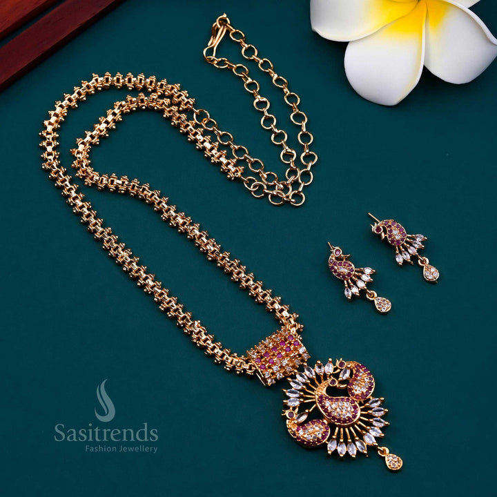 Classic white-ruby peacock Gajiri jewellery set in a graceful micro gold plated design with American diamond stones, ideal for weddings and elegant festive wear – Sasitrends