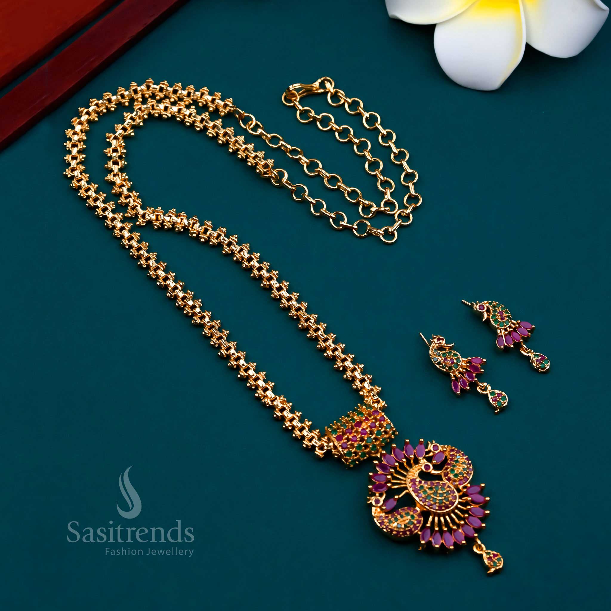 Traditional ruby-green tone peacock Gajiri jewellery set with American diamond stones and rich micro gold plating, designed for grand cultural gatherings and traditional fashion – Sasitrends

